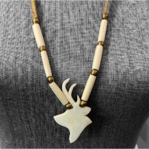 Boho Vintage Carved Deer Pendant Necklace – Brass Beads, Unique Statement